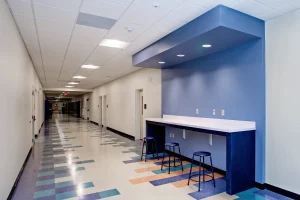 Image of a high school hallway with study nook