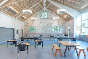 An interior shot of one of the classrooms. The large Penobscot Bay map on the back wall really opens up the space and makes the environment feel warm and inviting.