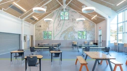 An interior shot of one of the classrooms. The large Penobscot Bay map on the back wall really opens up the space and makes the environment feel warm and inviting.