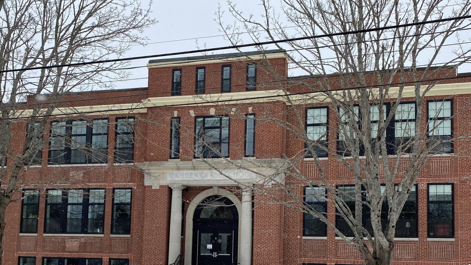 Another photograph of the front of the Mary E. Taylor building in Camden during the winter